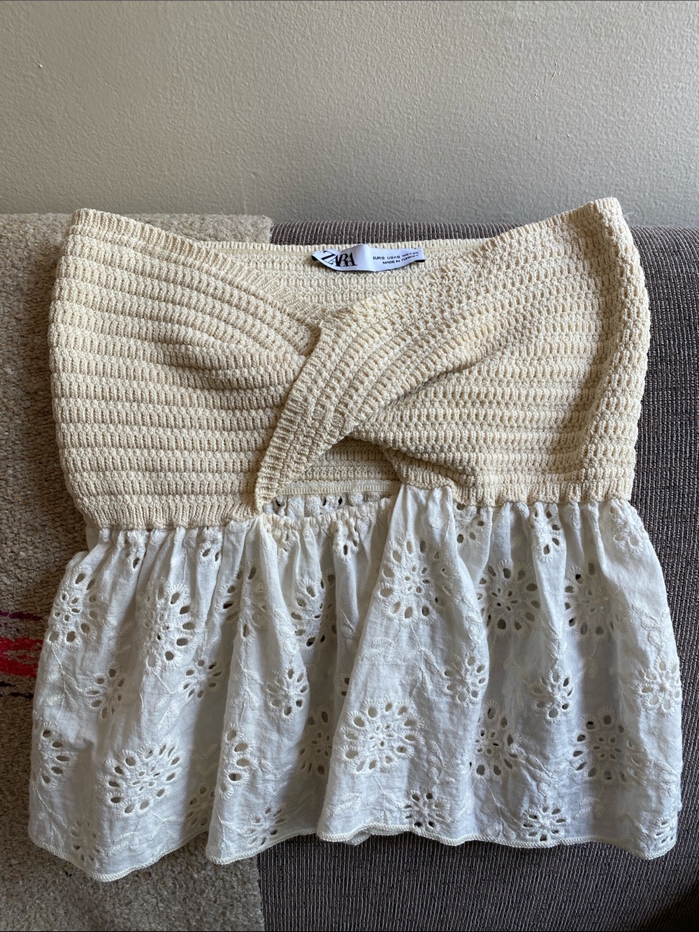 Zara Cream Crochet Knit Strapless Peplum Top (S)